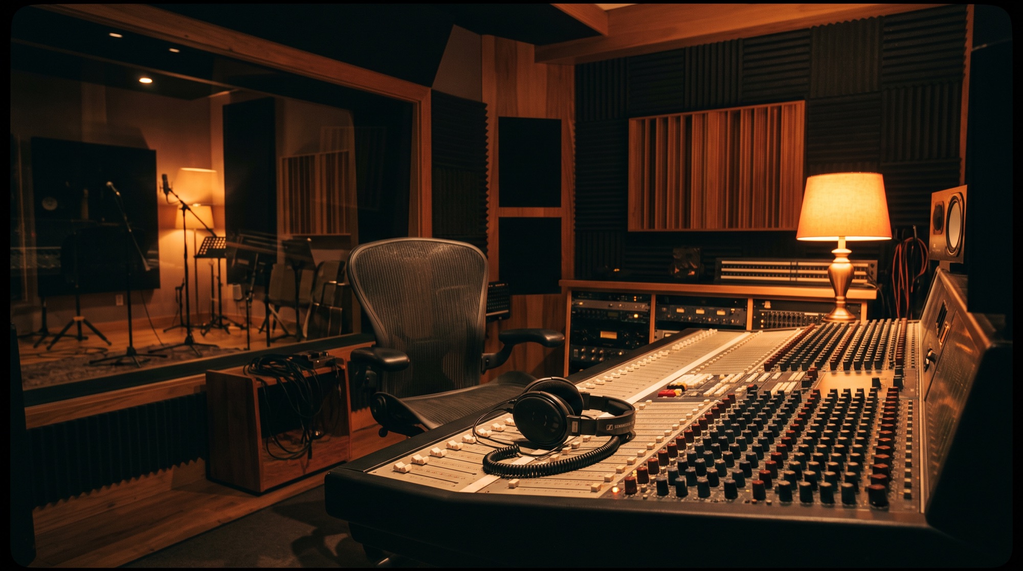 A dimly lit recording studio