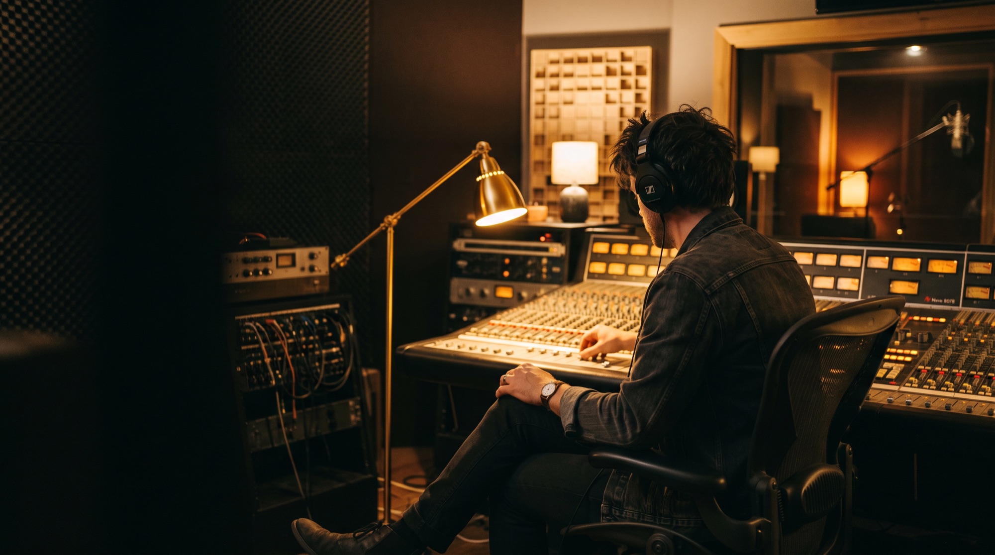 Musician tracking a song at a mixing console in a warm studio