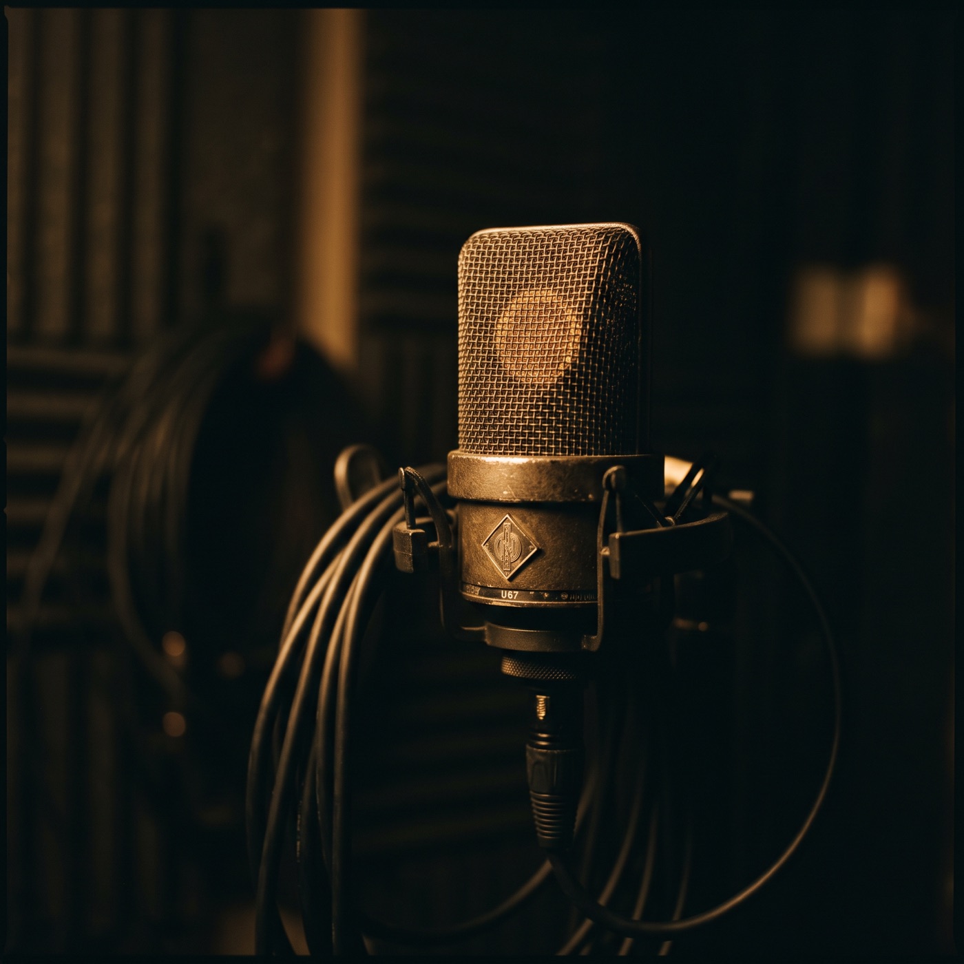 A studio condenser microphone in a shock mount