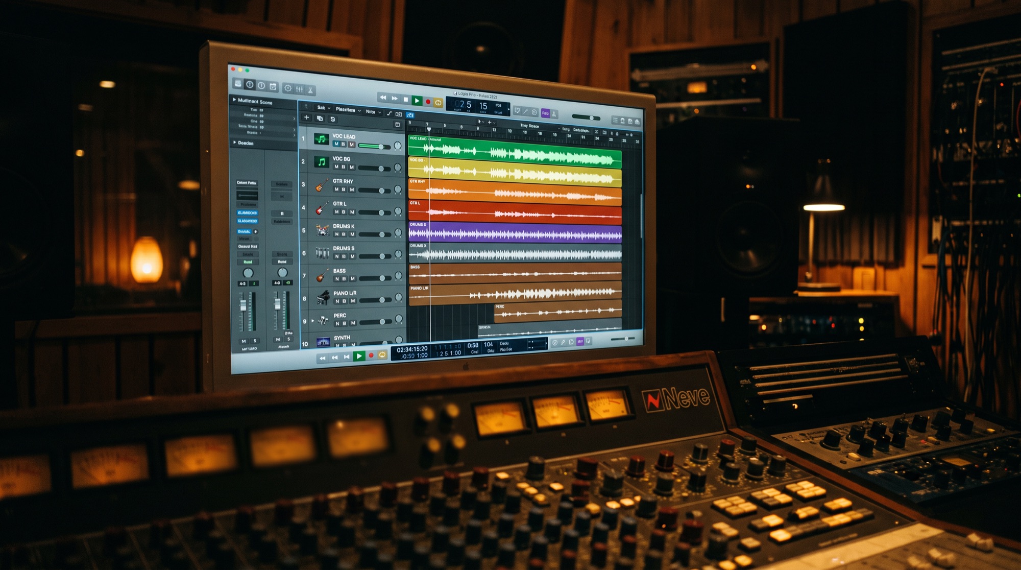 A finished multitrack session with separated, labeled stems on a studio monitor